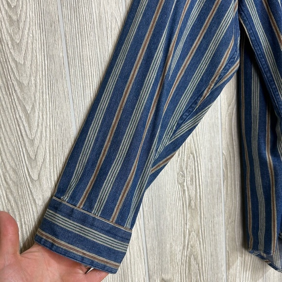90s Mens Pinstriped Long Sleeve Denim Shirt Band Collar Hunt Club Size XL - Picture 6 of 15